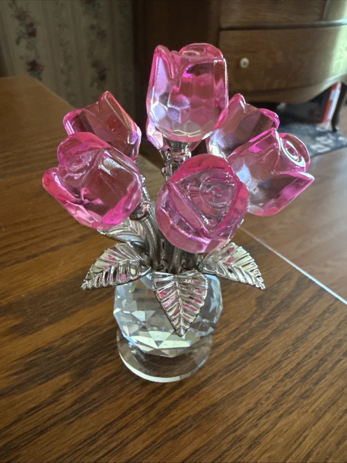 Beautiful Handcrafted Pink Roses Crystal Figurine Vase/elegant Table Decor
