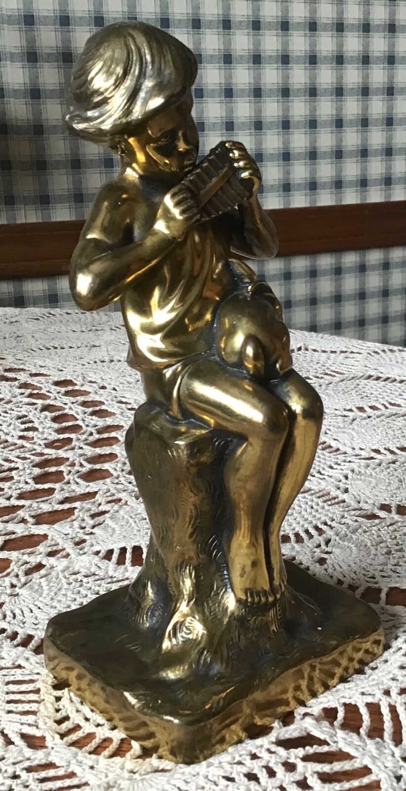ANTIQUE JENNINGS BROTHERS BRASS FIGURINE BOY W/ RABBIT PLAYING PAN FLUTE JB1696
