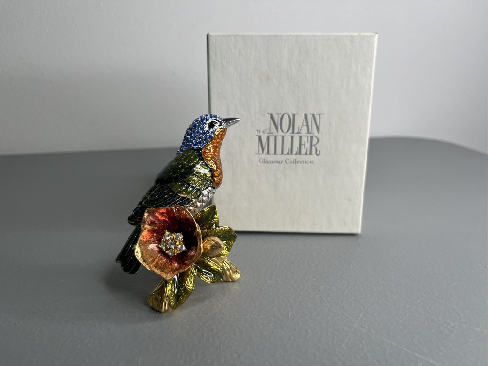 NOLAN MILLER BLUE BIRD GOLD TONE FIGURINE ENAMEL MULTICOLOR PAVE CRYSTALS