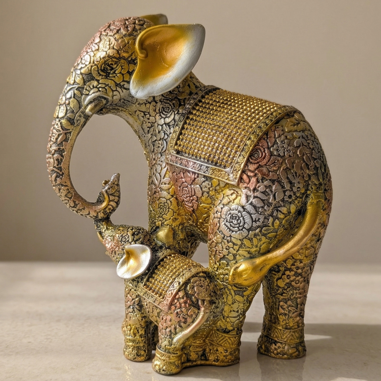 Elephant Family Statue Resin Gold Decor Lucky Feng Shui Figurine Home Office