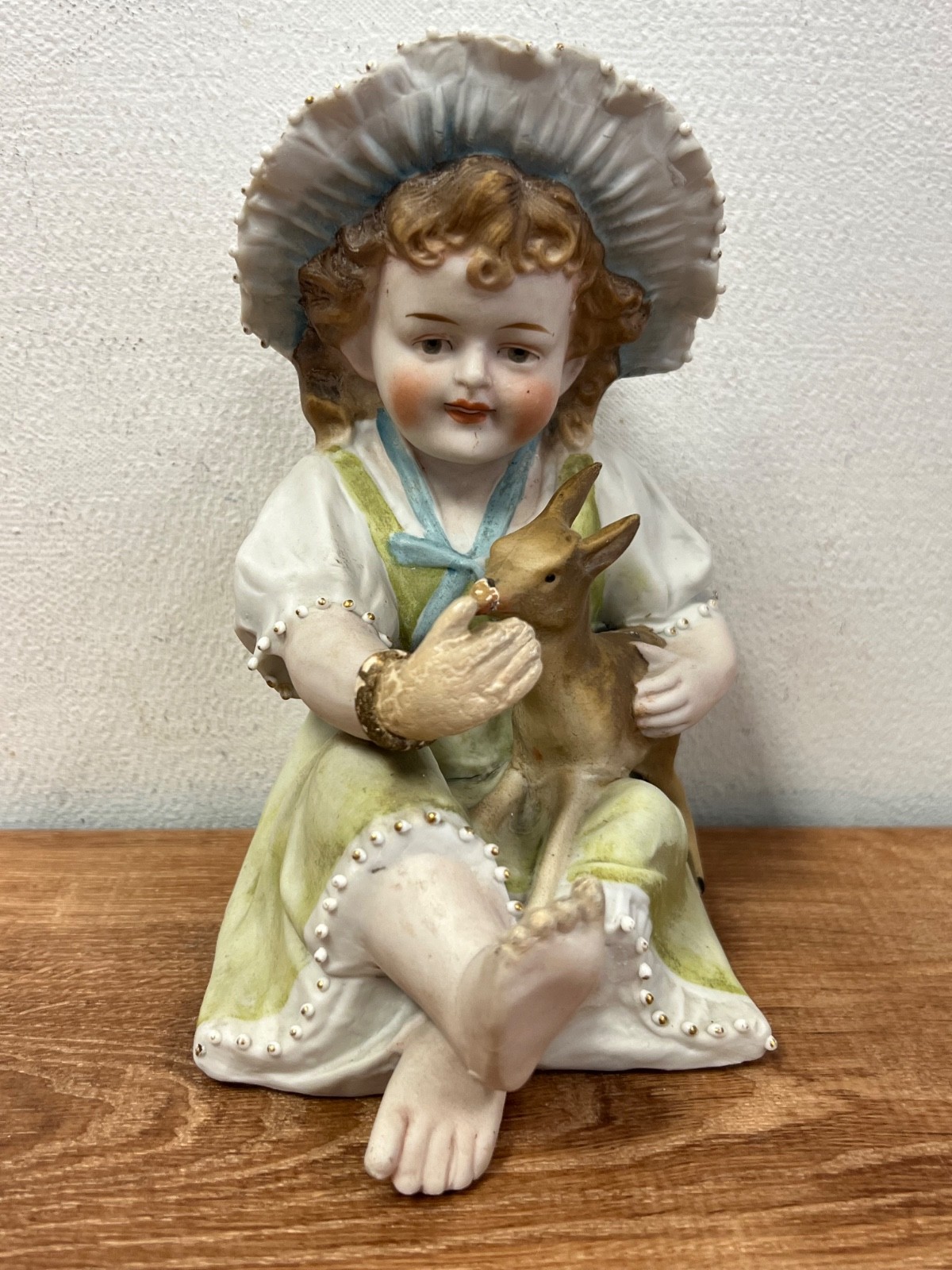 Bisque Piano Baby Antique Figurine Bonnet German Girl Feeding Deer