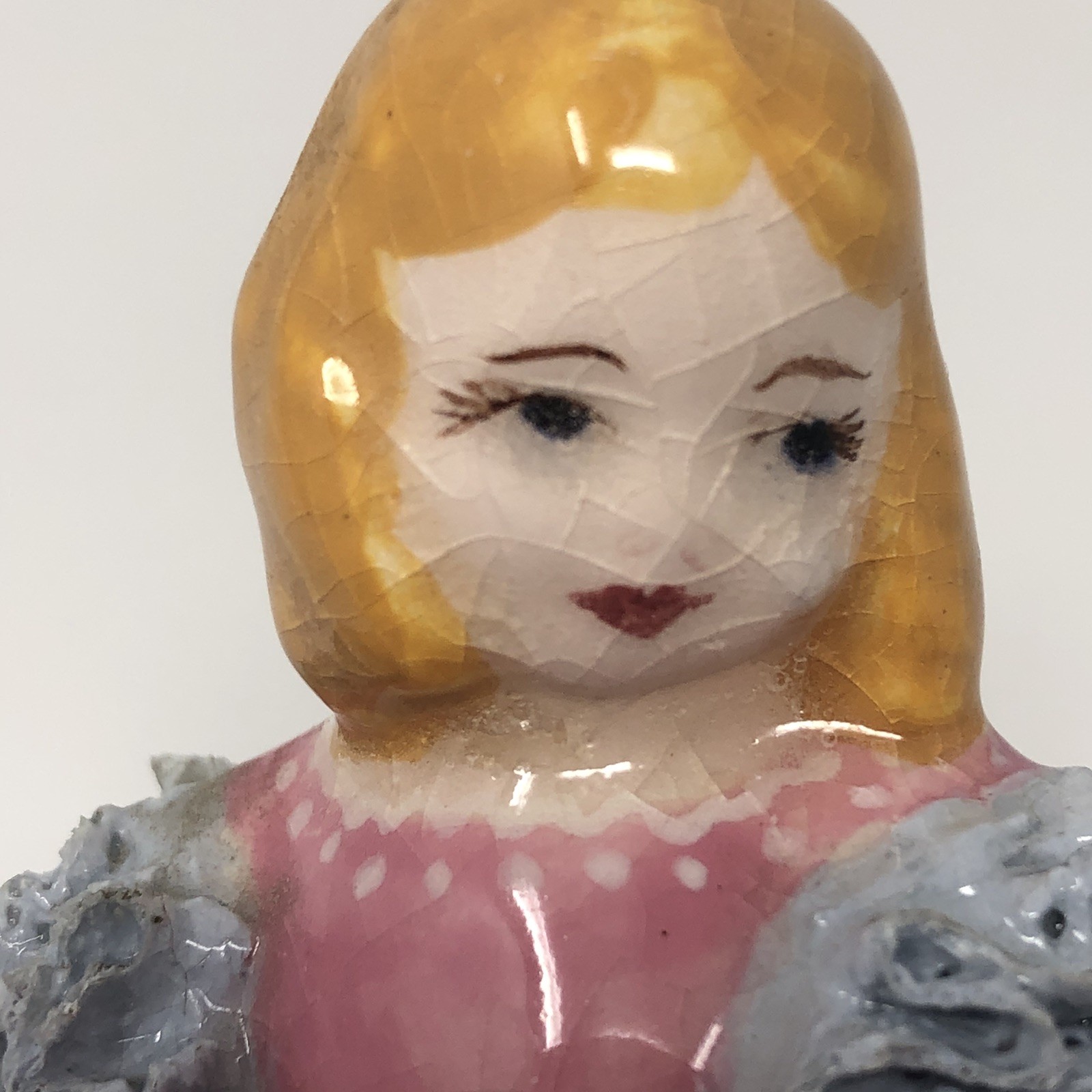 Vintage Porcelain Lace Girl Figurine Victorian Blond Pink Dress Blue Ruffle Gold