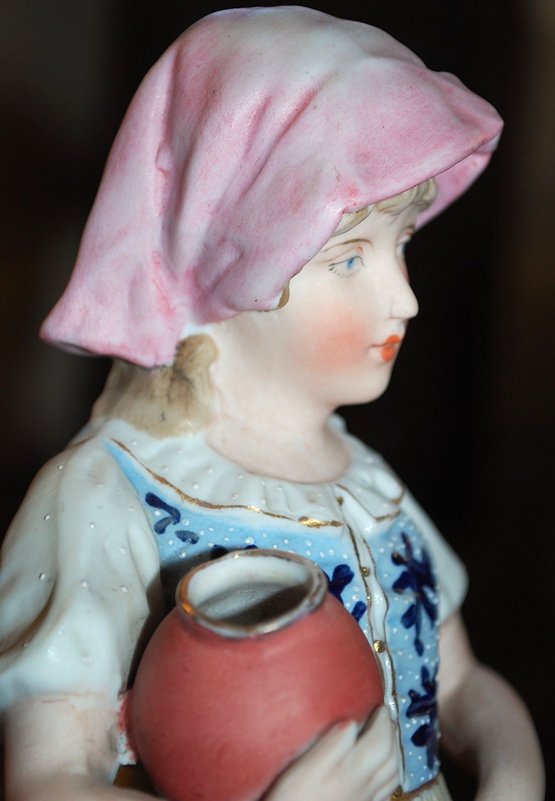 SET 2 Antique GEBRUDER HEUBACH Porcelain Figurines BOY & GIRL W MILK JUGS c1900
