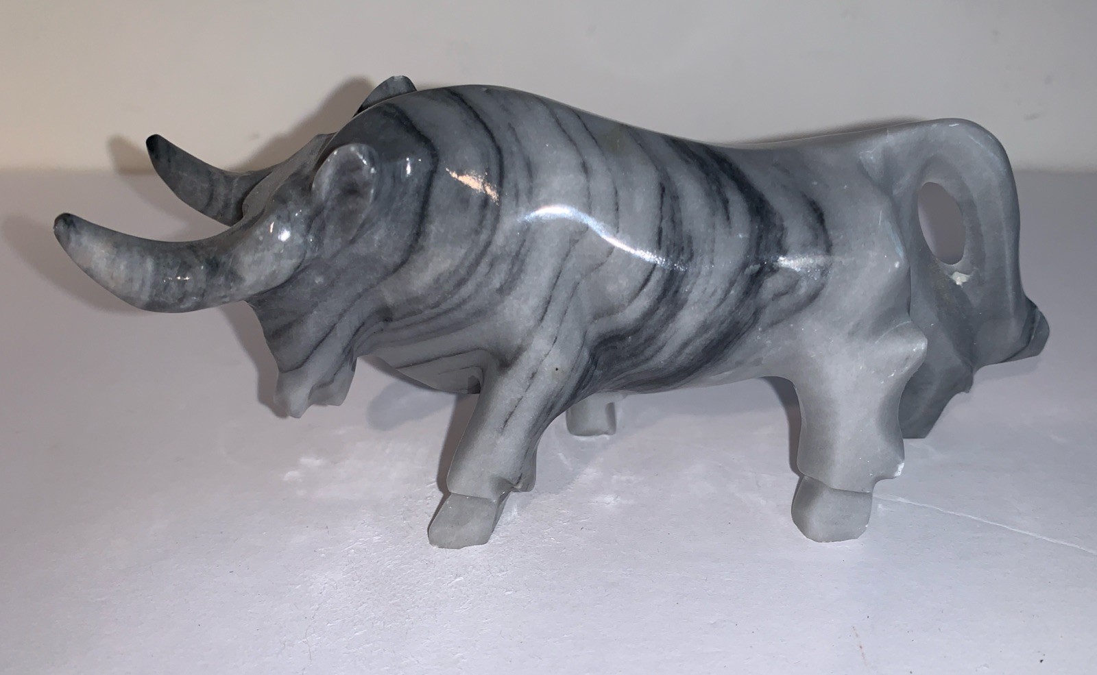 Black and Gray Carved Marble Onyx Charging Bull 6”