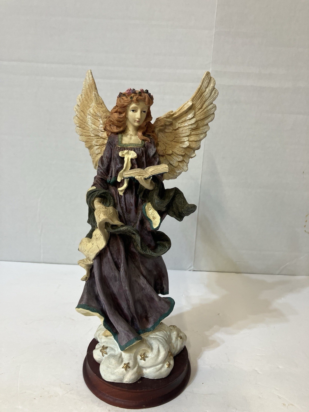 Vintage 11.25″ Angel Figurine With Songbook Multicolor Cold Cast Resin Wood Base