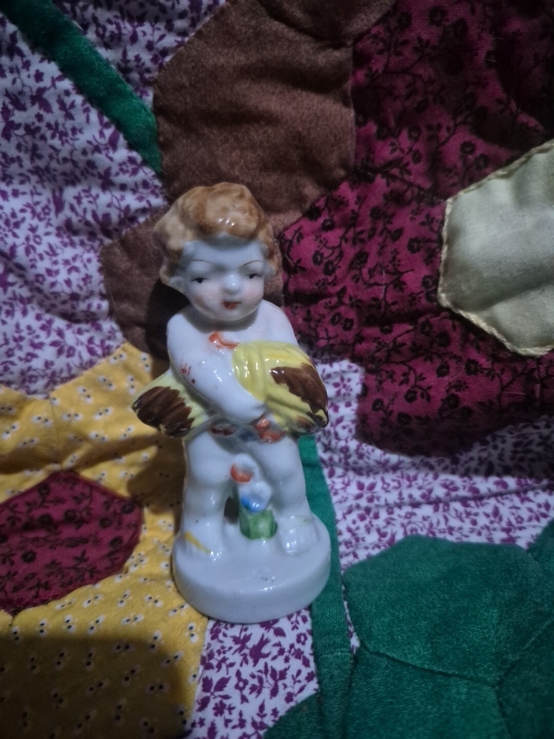 Vintage Occupied Japan Little Boy Wheat Bushel Porcelain Figurine 3.50” Tall