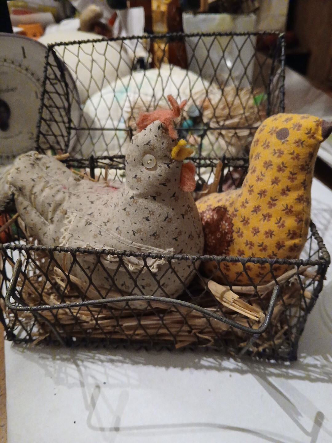 Vintage 2 Handmade Soft Hens in a carry wire cage