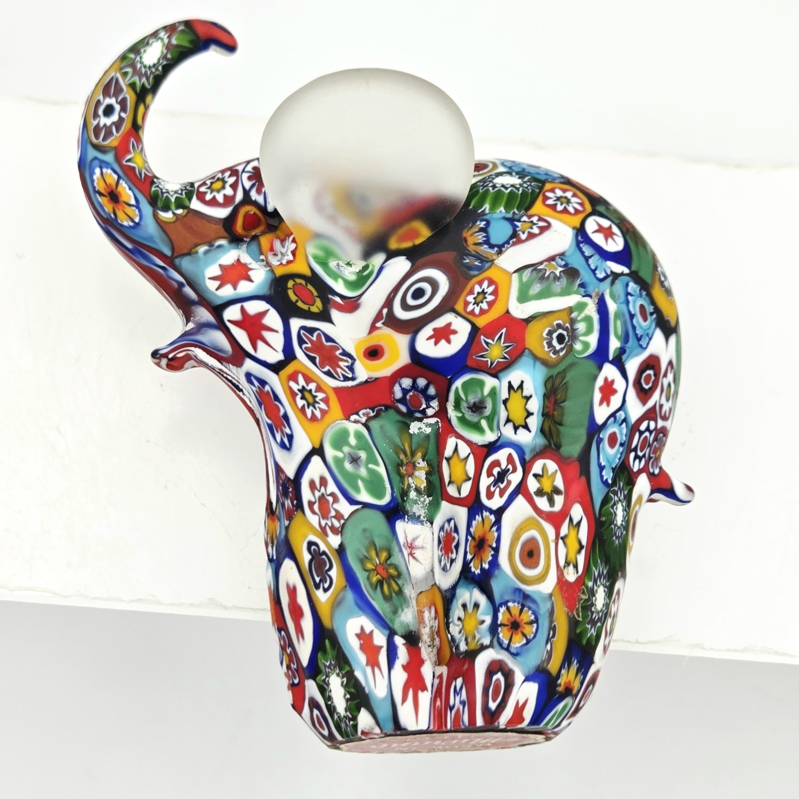 Murano Millefiori Multicolor Murrine Elephant Figure Foil Label Satin Finish 70s