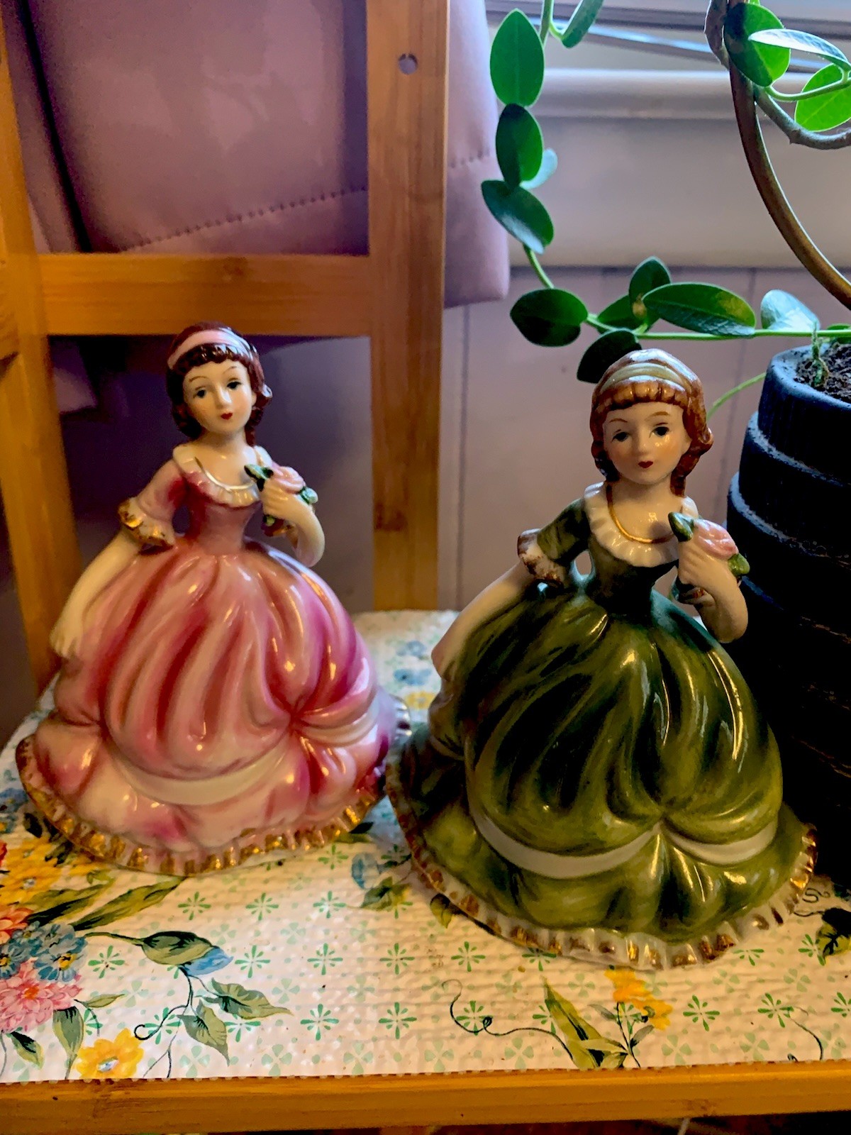Vtg GREEN And PINK Ballroom Ladies In Billowing Gowns Very Rare And Hard To Find