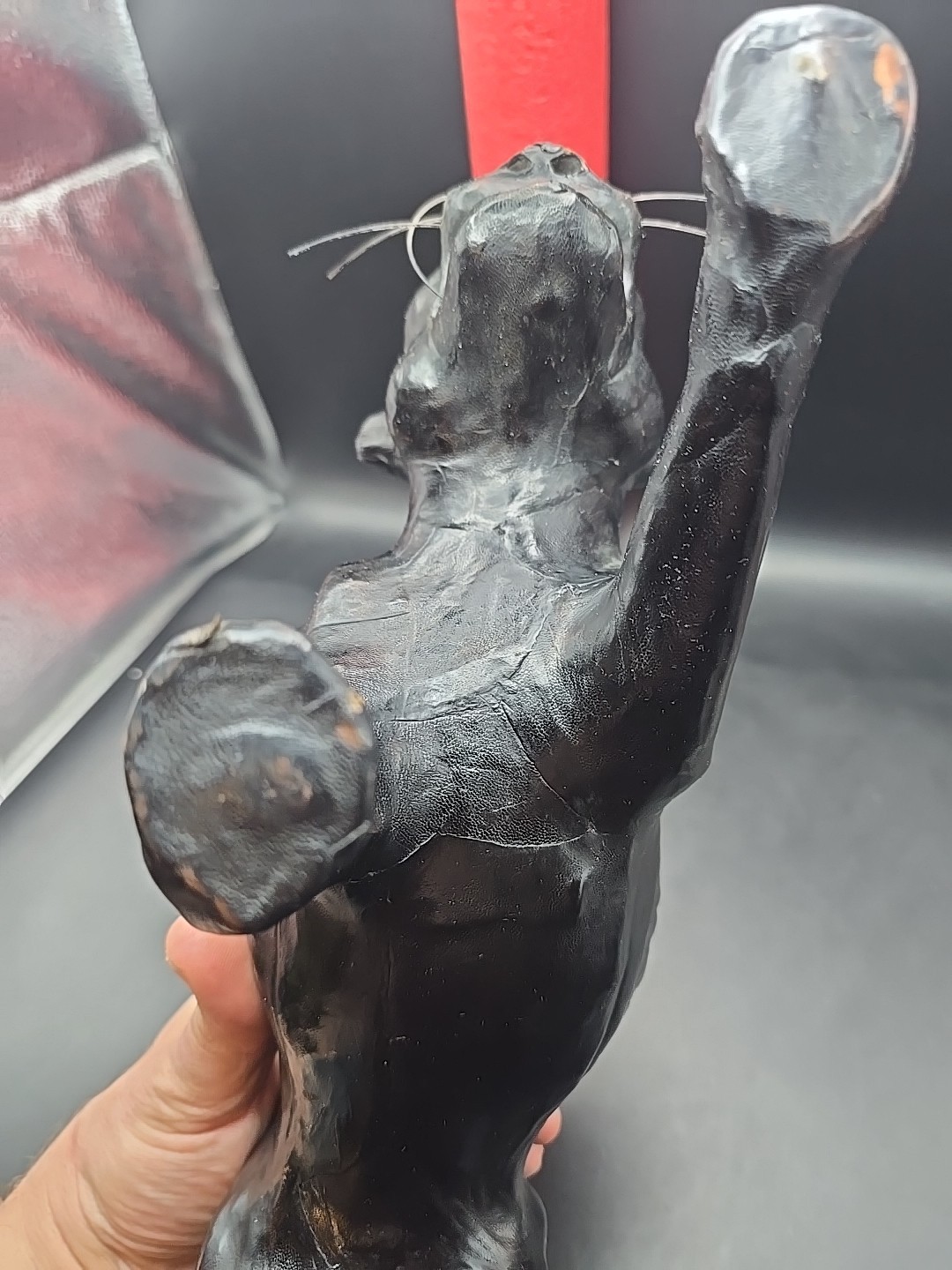 Black Leather Paper mache Panther Jaguar 15″ Glass Eyes Vintage