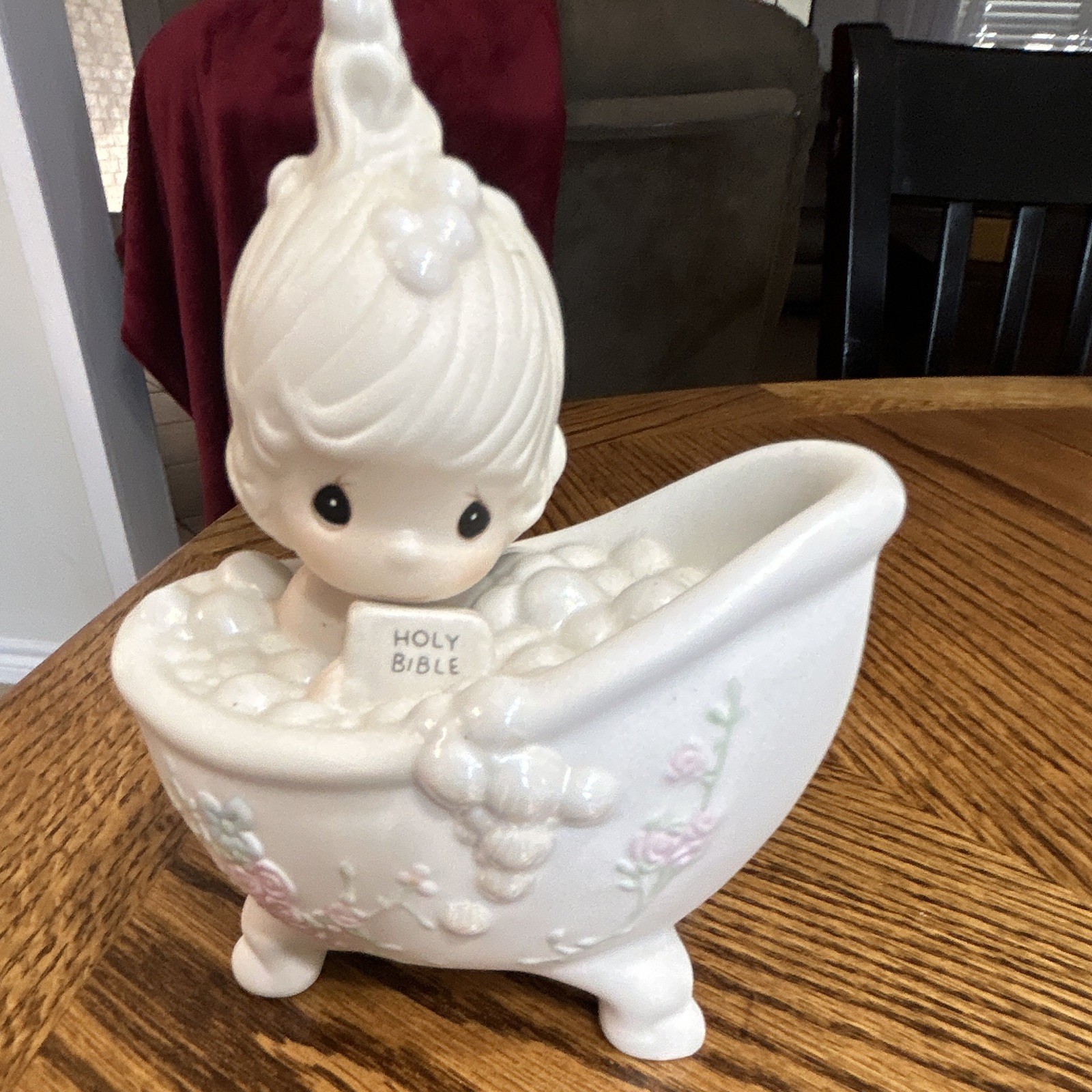 Precious Moments Porcelain Baby Bathtub Figurine Holding Holy Bible, 1980s