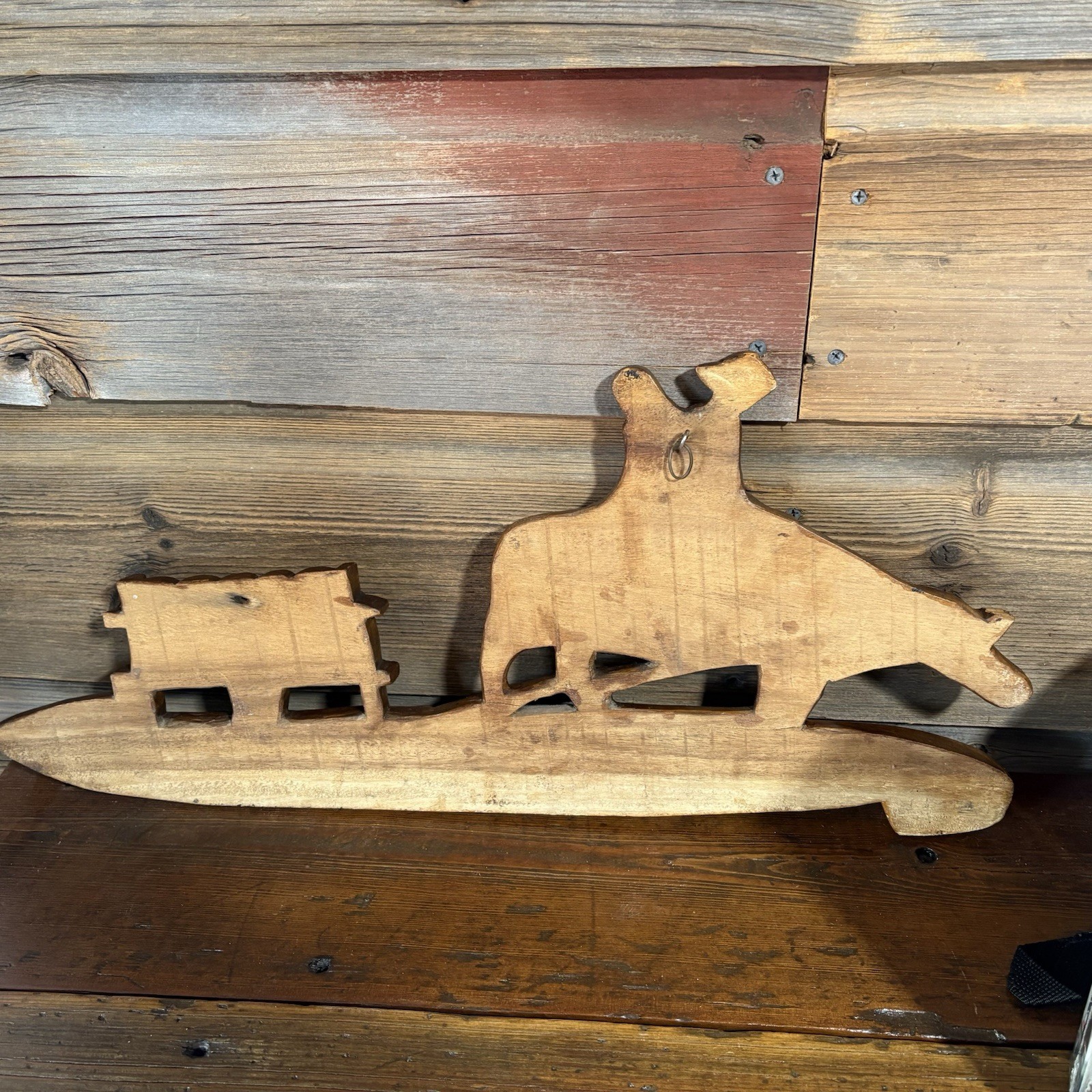 Hand carved wood wall hanging Ox cart Folk art Lrg 22″ Farm Vtg Rustic Primitive