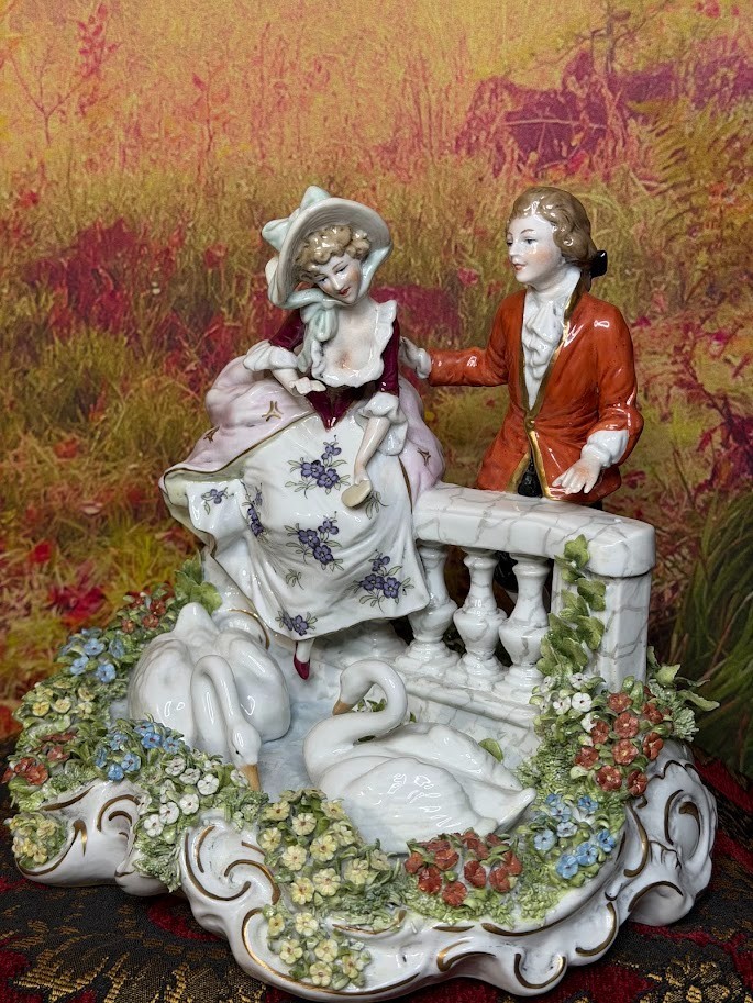 Large Rare Scheibe Alsbach Porcelain Flower Garden Man & Woman Romance! 19th C.