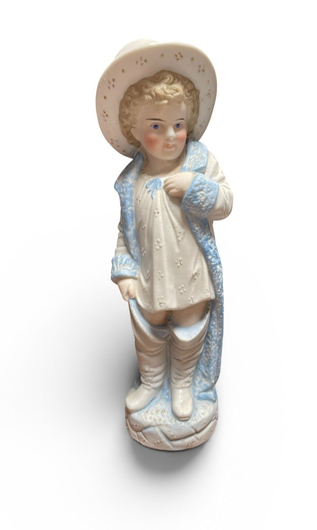 Antique German Bisque Figurine Boy in Oversized Boots Intaglio Eyes Heubach