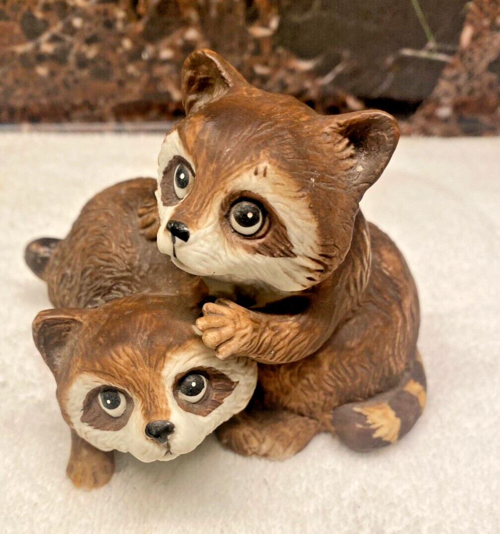 Vintage Baby Raccoons Ceramic Figurine Homco #1454 Outdoors Rustic