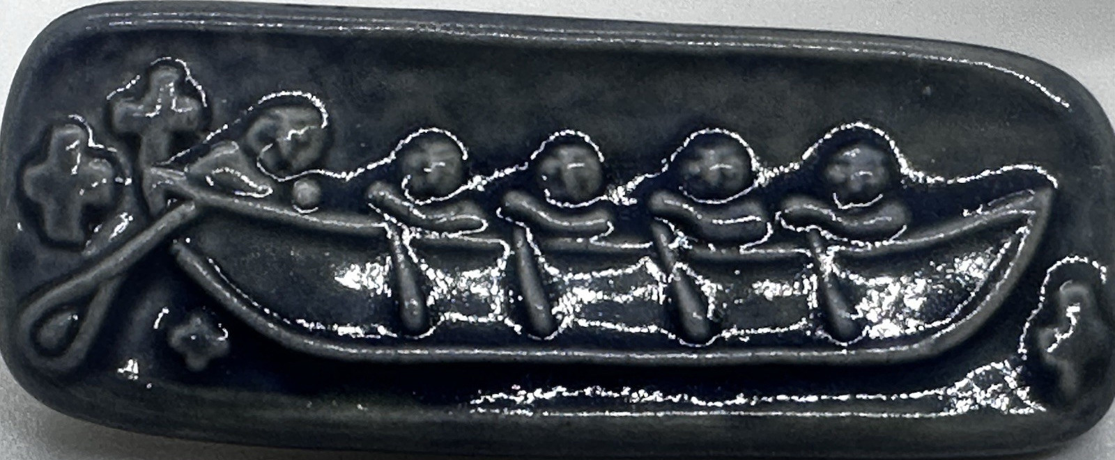 Ceramic Rowing Figurine Glazed Dark Blue White Small Sculpted Canoe 2 in