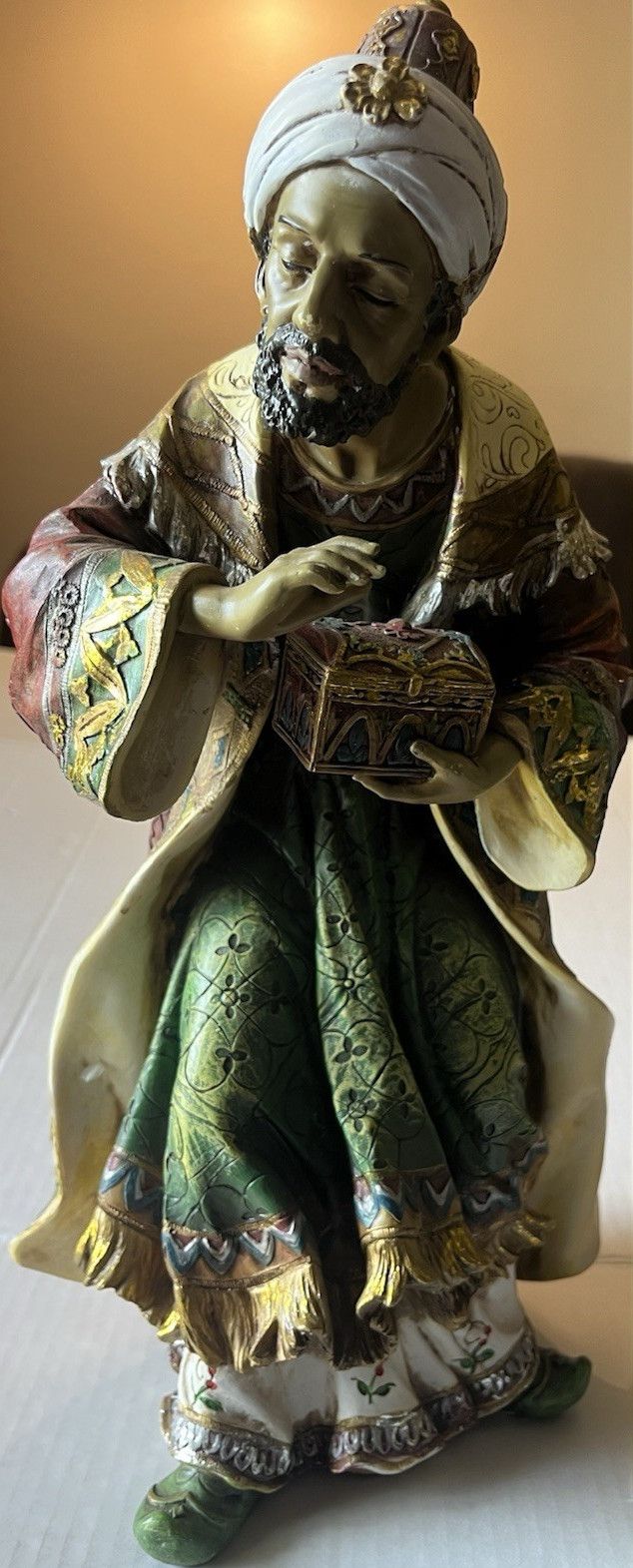 Hand Painted Nativity Wise Man Resin Figurine Holding Gift Box 11 in