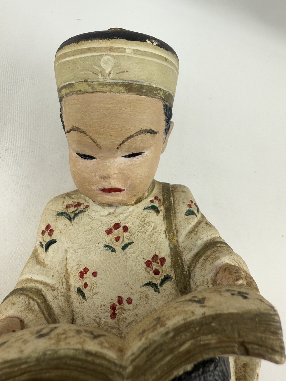 Vintage Pair of Asian Girl & Boy Reading a Book Chalk Ware Figures