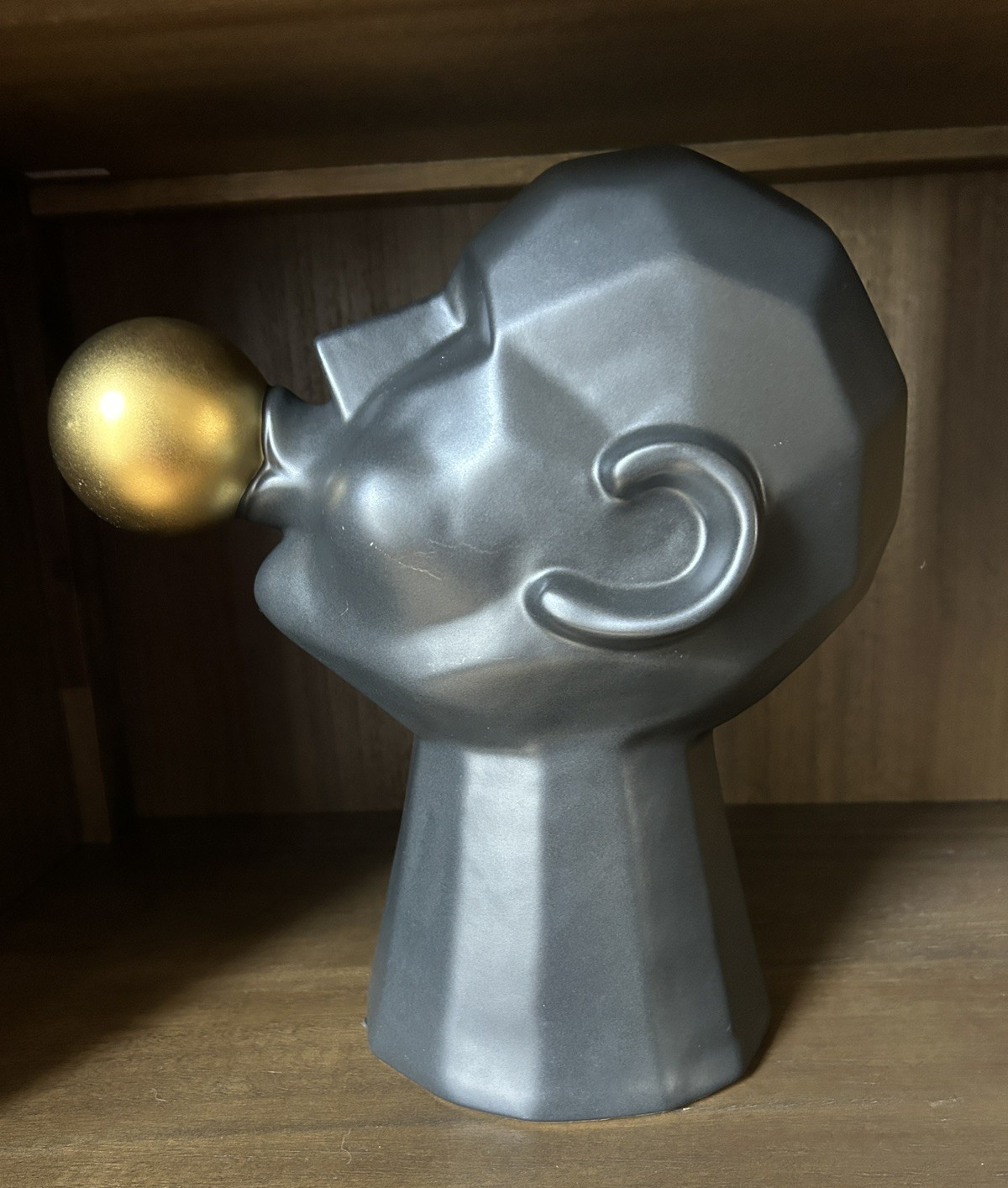 Ceramic Man Blowing Bubble Gum Contemporary Statue Figurine Decor Gold Charcoal