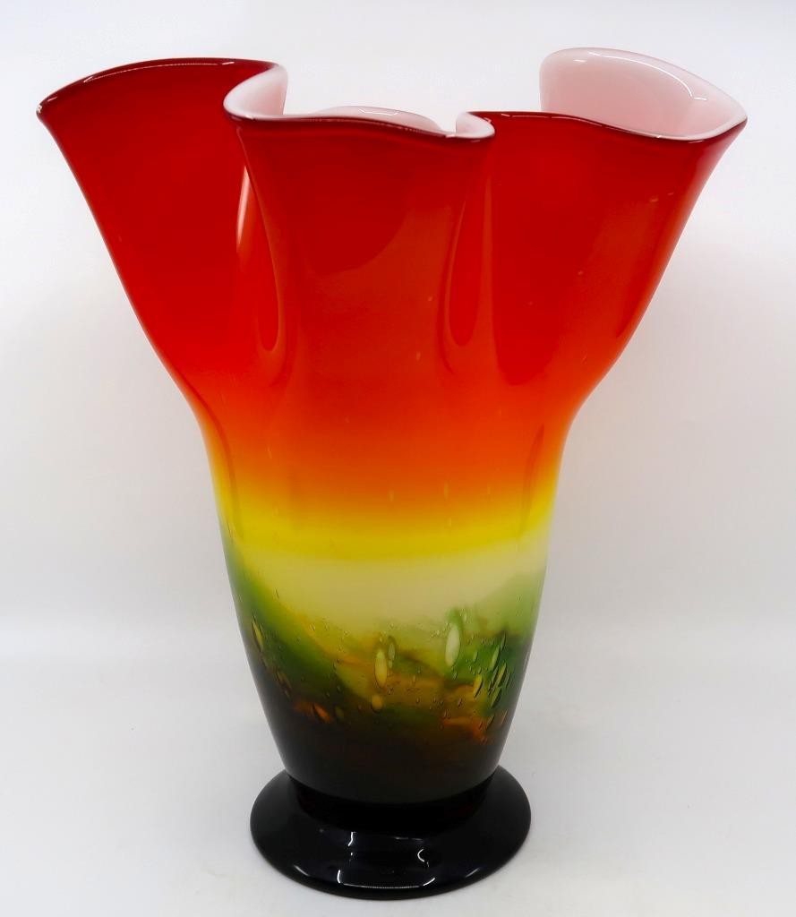 Art Glass Murano-Style, Orange White Green Black Large Handkerchief Vase 11″ (A)
