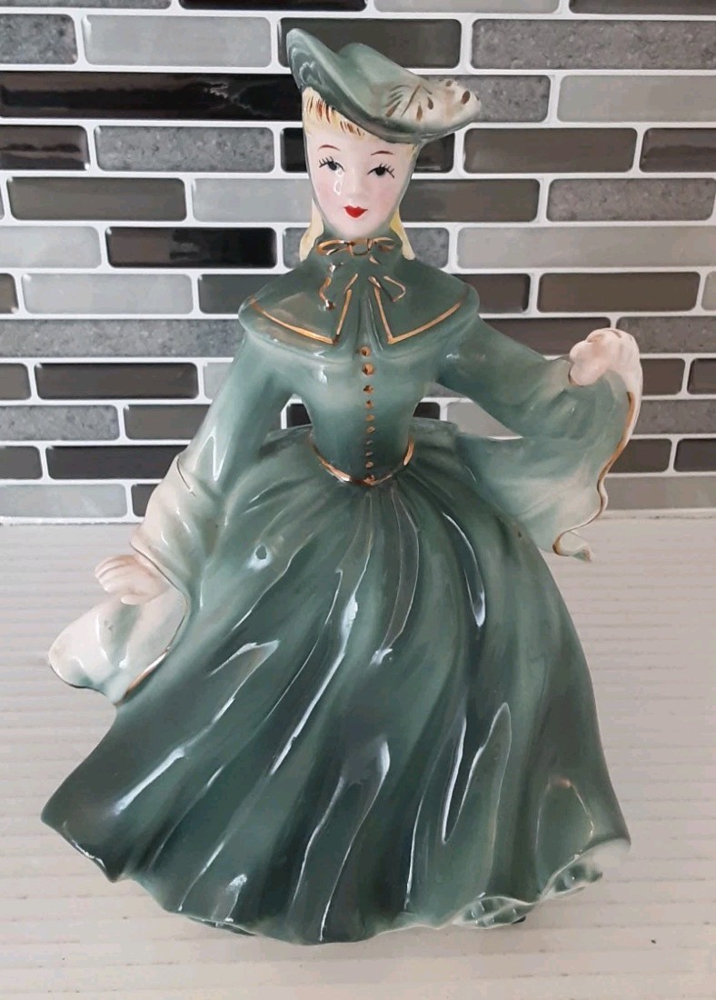 Vtg Porcelain Women Figurine Green Dress Blond Blue Eyes Japan Ucagco