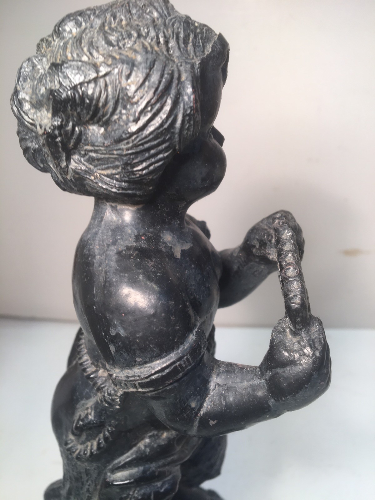 ANTIQUE SCULPTURE METAL SPELTER- BRONZE PAN SATYR FAWN ON MARBLE BASE MYTHOLOGY