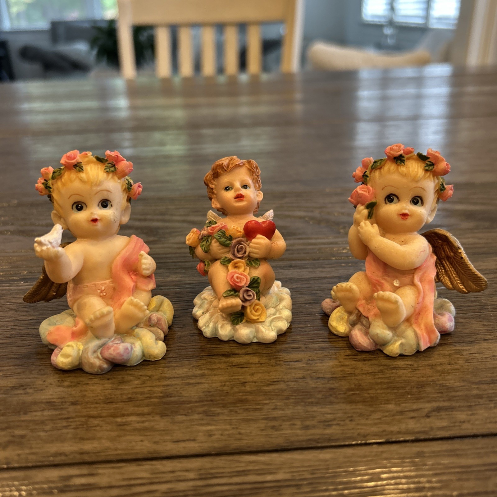 Angels/Cherubs Set Of 3 Figurines Pink Flowers