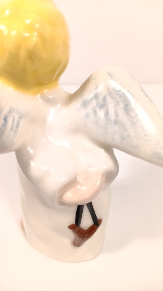 Vintage Winged Angel Holding Slingshot Behind Hand Painted Ceramic Not Signed