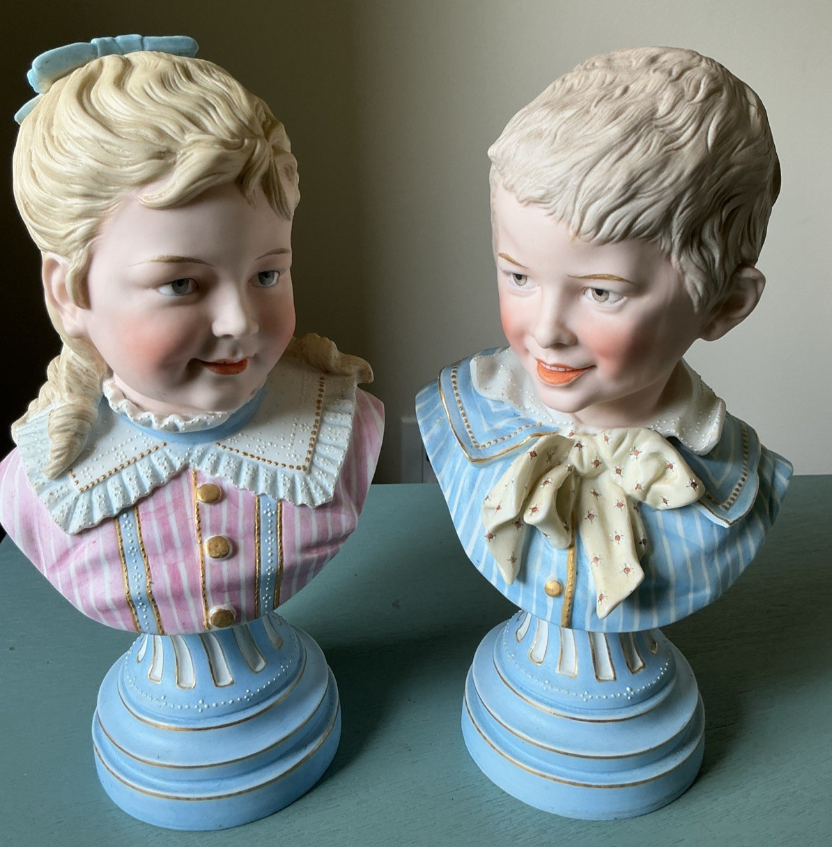 Fine Pair of 10” Antique German Painted Bisque Young Boy & Girl Busts
