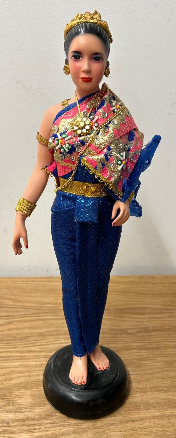 VTG Thailand 16″ Figurine Native Costume Dancer Gold Jeweled Headdress on Stand