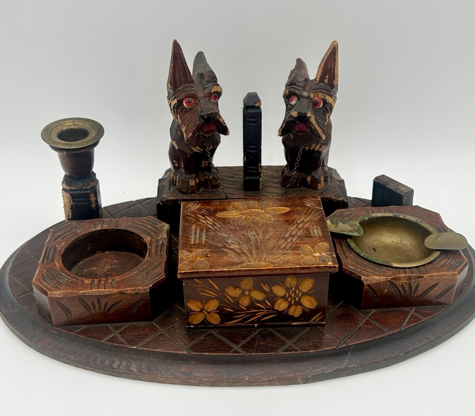 Vintage German Black Forest Scotty Dog Cigarette Box Ashtray Match Candle Holder