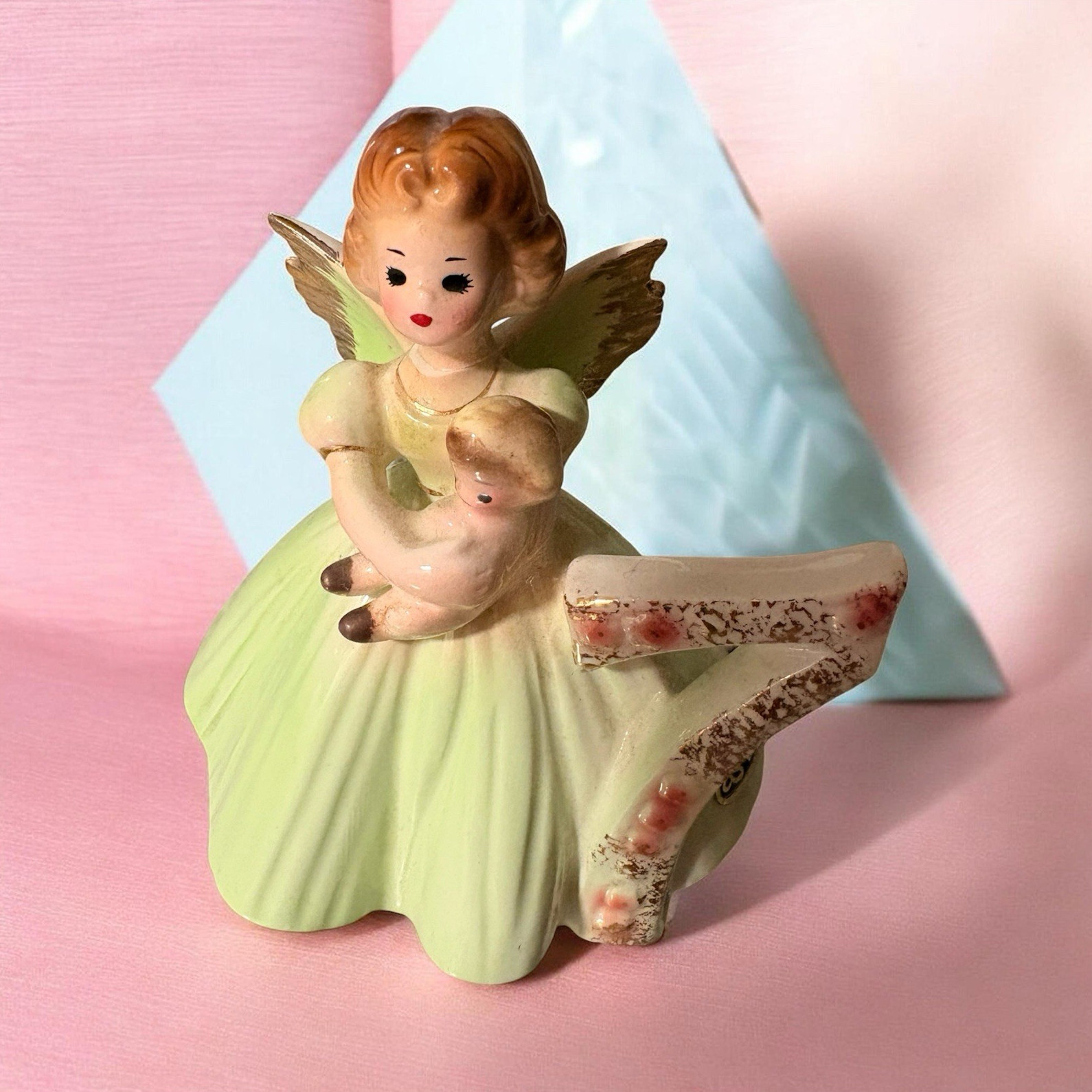1950s Josef Originals Hand Painted Signed Angel Figurine Ceramic Green Japan
