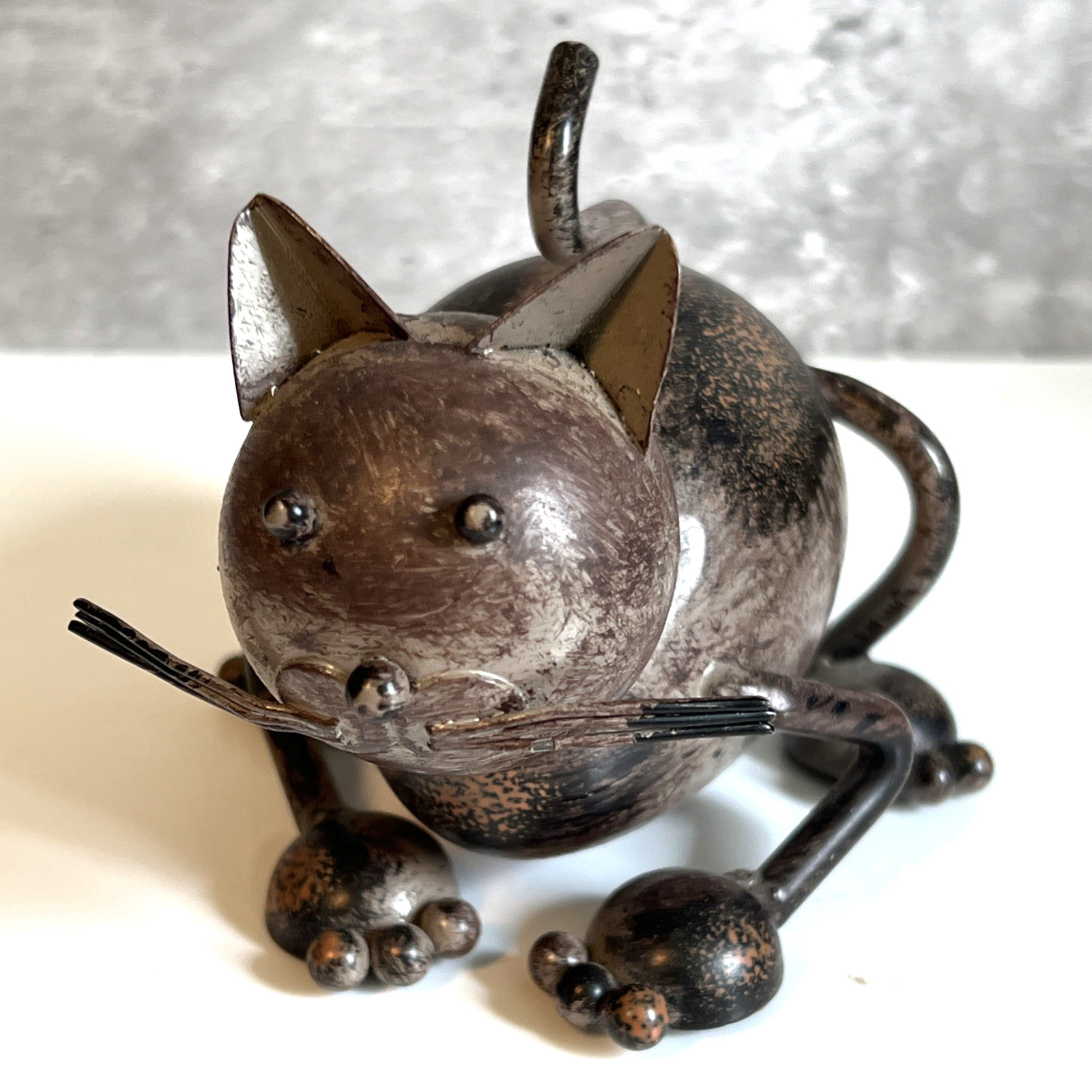 Vtg Folk Art Welded Metal Cat Figurine -Whimsical Brutalist Mixed Metal Scrap