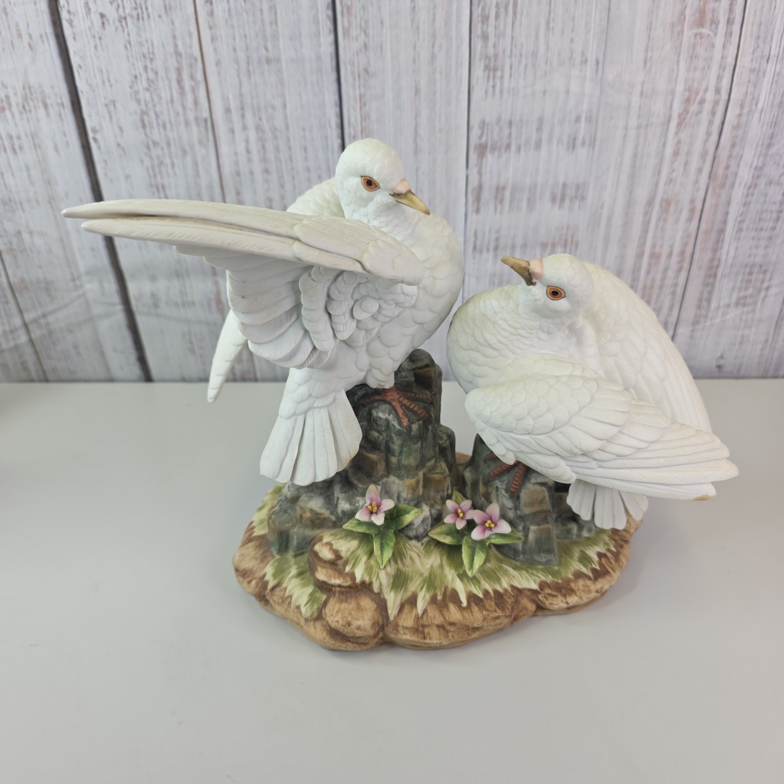Double White Doves Andrea Sadek Floral Perch Porcelain Figurine Vintage Japan