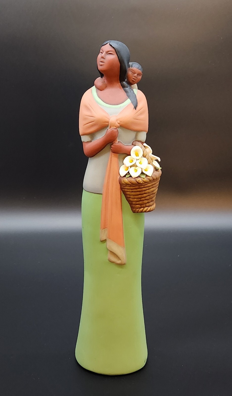 Signed Tlalli Woman Baby Ceramic Figurine Matte Tonala Jalisco Lillies16″ Mexico