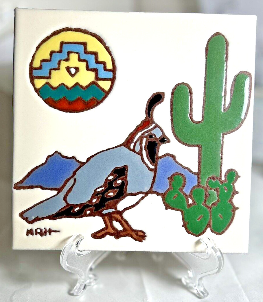 Vintage Earthtones Hand Made Tile Quail & Cactus in Desert ~ Artist Signed KRIT