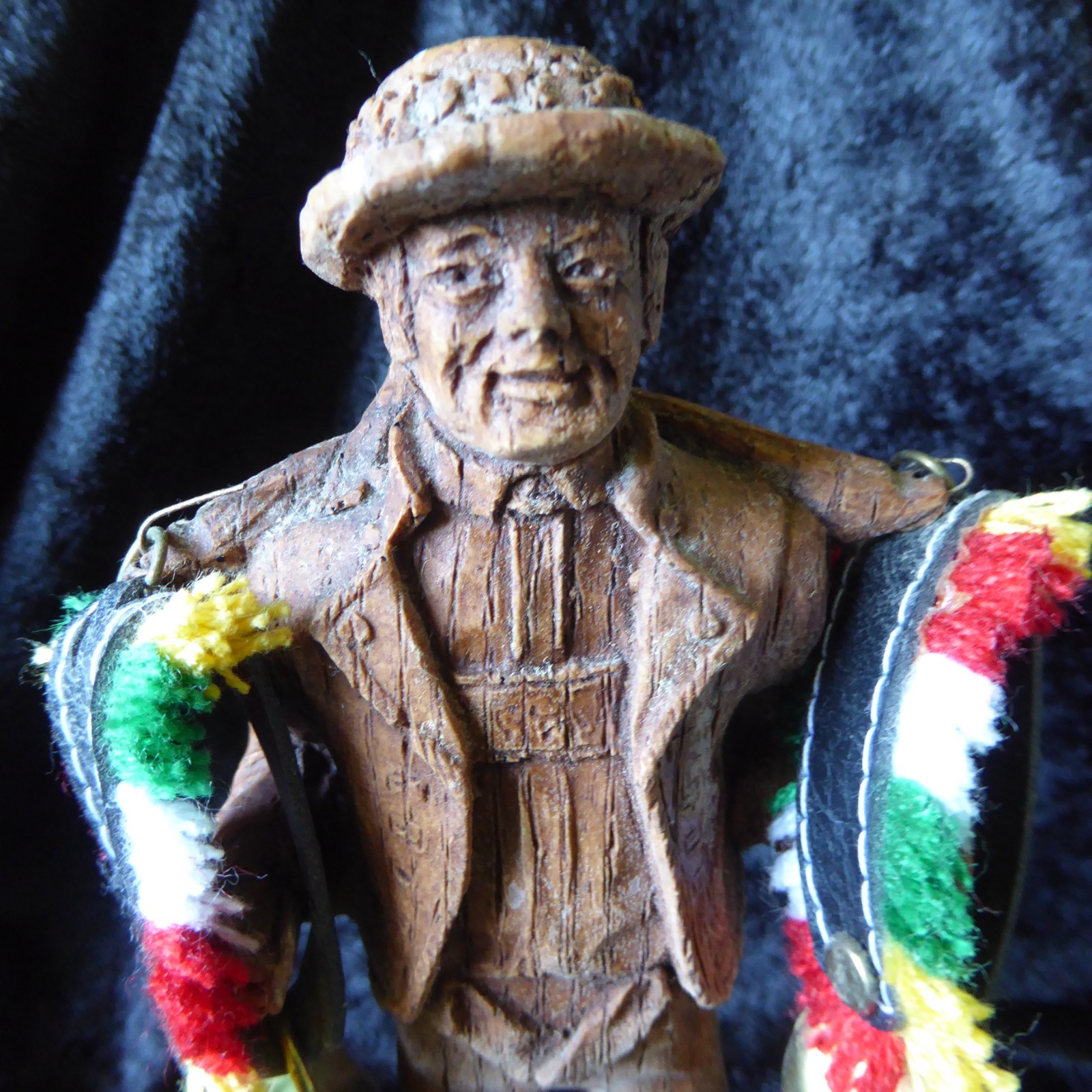 Vintage Hand Carved Wooden Swiss Man Holding Cow Bells Figure 7″ Tall