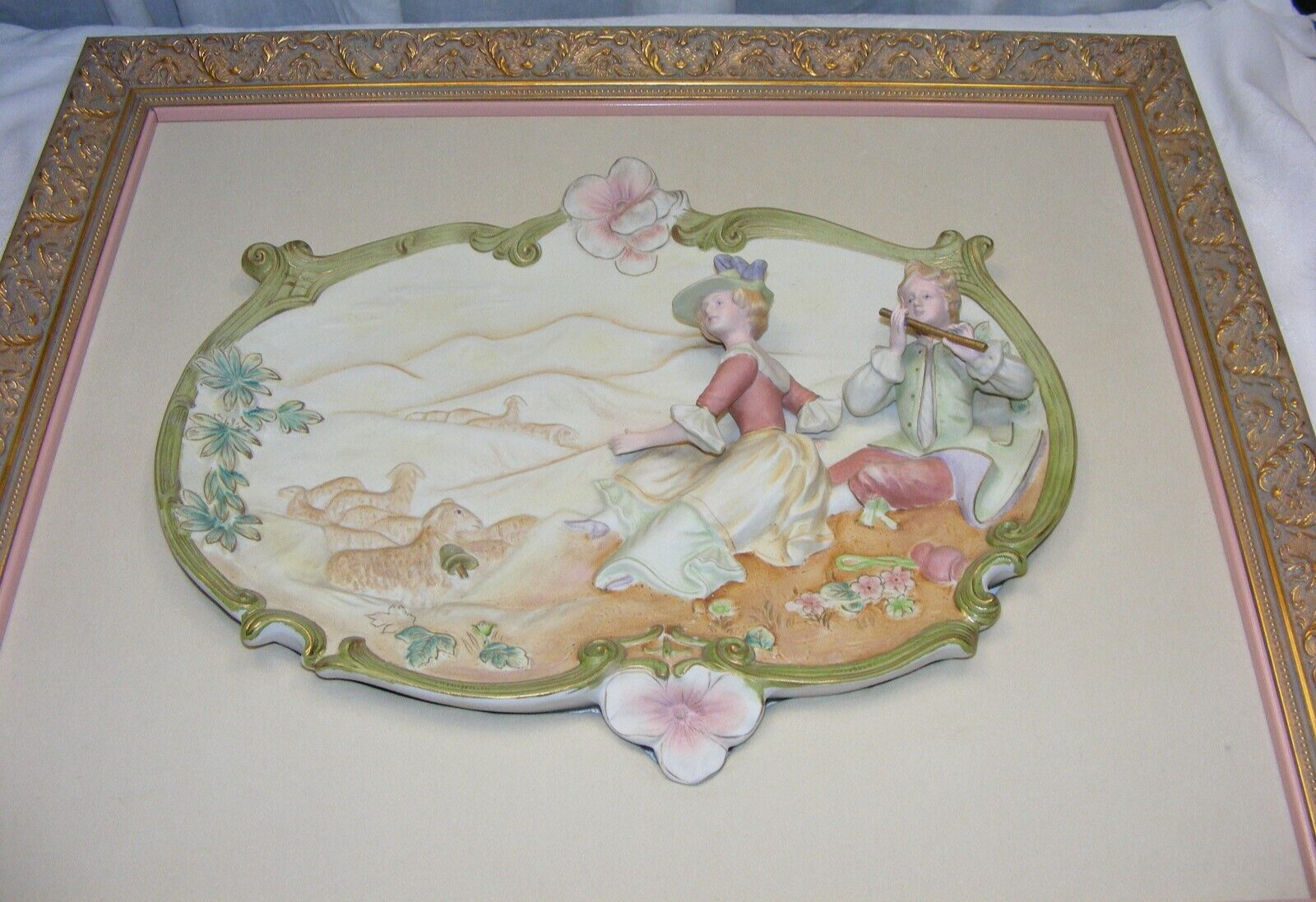 Vintage Porcelain Victorian Couple Wall Art Landscape Scene Playing Sheep Framed