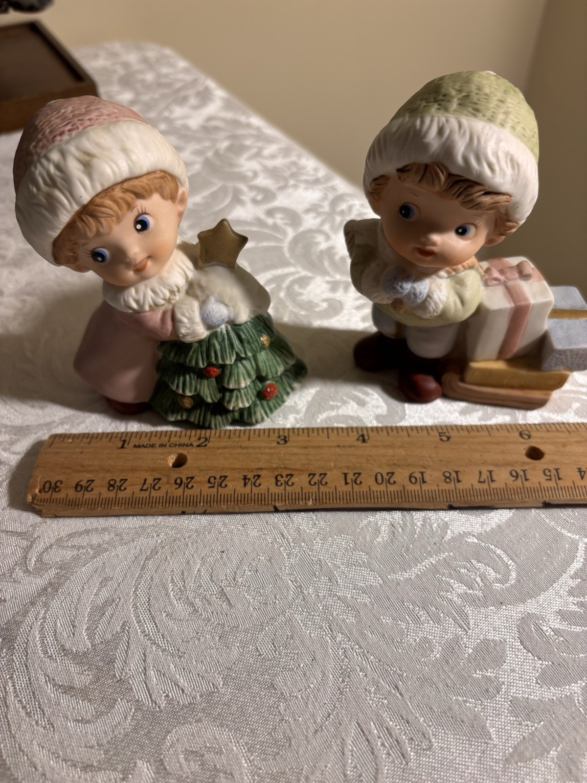 Vintage 1990s Homco Christmas 5556 Porcelain Christmas Boy & Girl Figurines