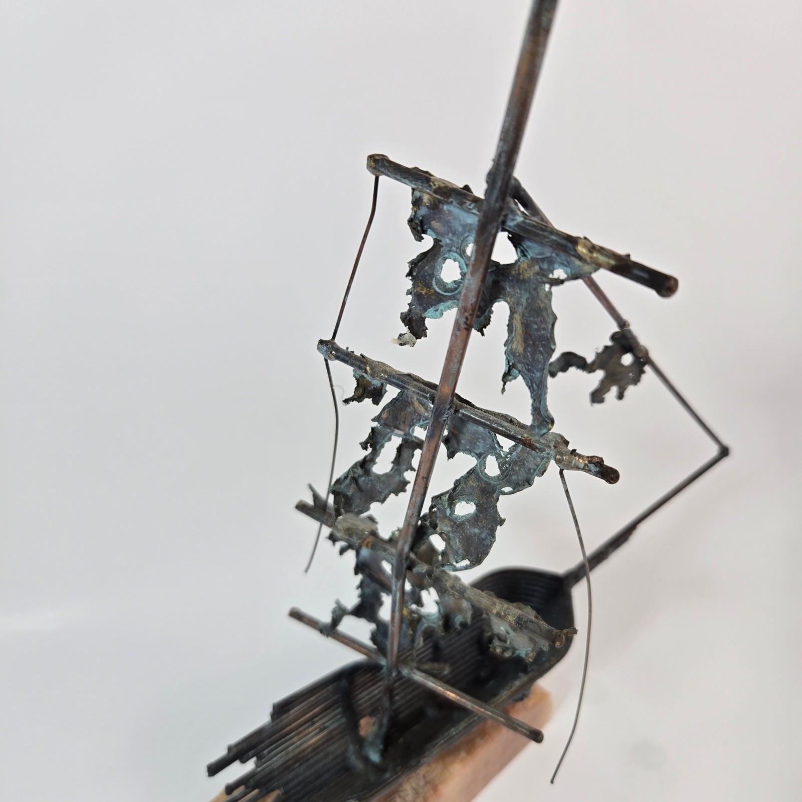 Vintage Brutalist Metal Ship Sculpture Signed DeMott Onyx Base Nautical MCM 13.5