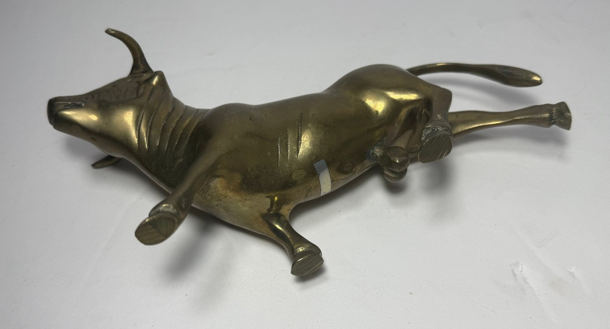 Vintage Brass Bull Figurine Running Cow Ox Statue 8.5″ Long