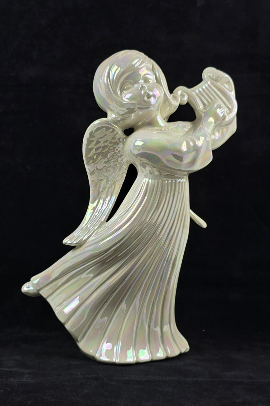 VTG Hand Painted Choir Angel Figurine White Iridescent Singing Harp Signed 1980