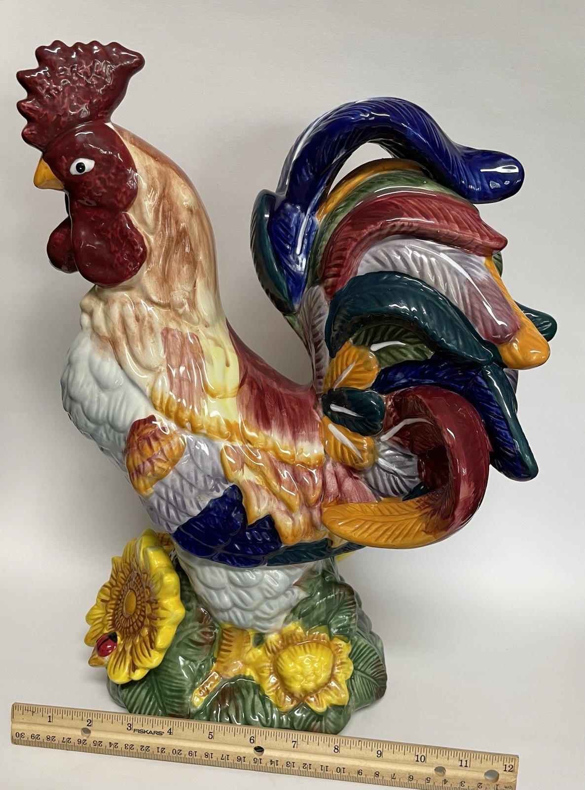 Ceramic Rooster on Sunflower Large Vintage J. Willfred Handpainted Sadek 15.5″