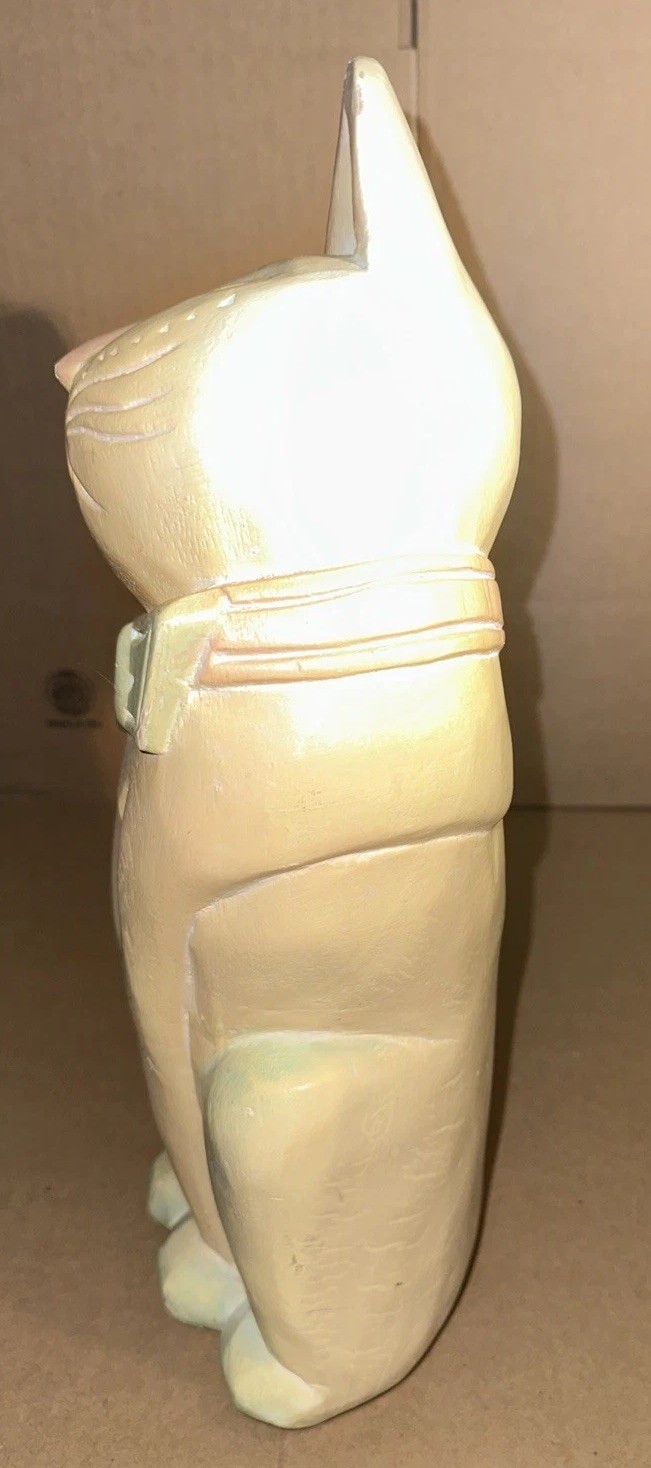 Vintage Sitting Cat Solid Wood 13.5″ Tall Pastel Colors Hand Carved In Thailand