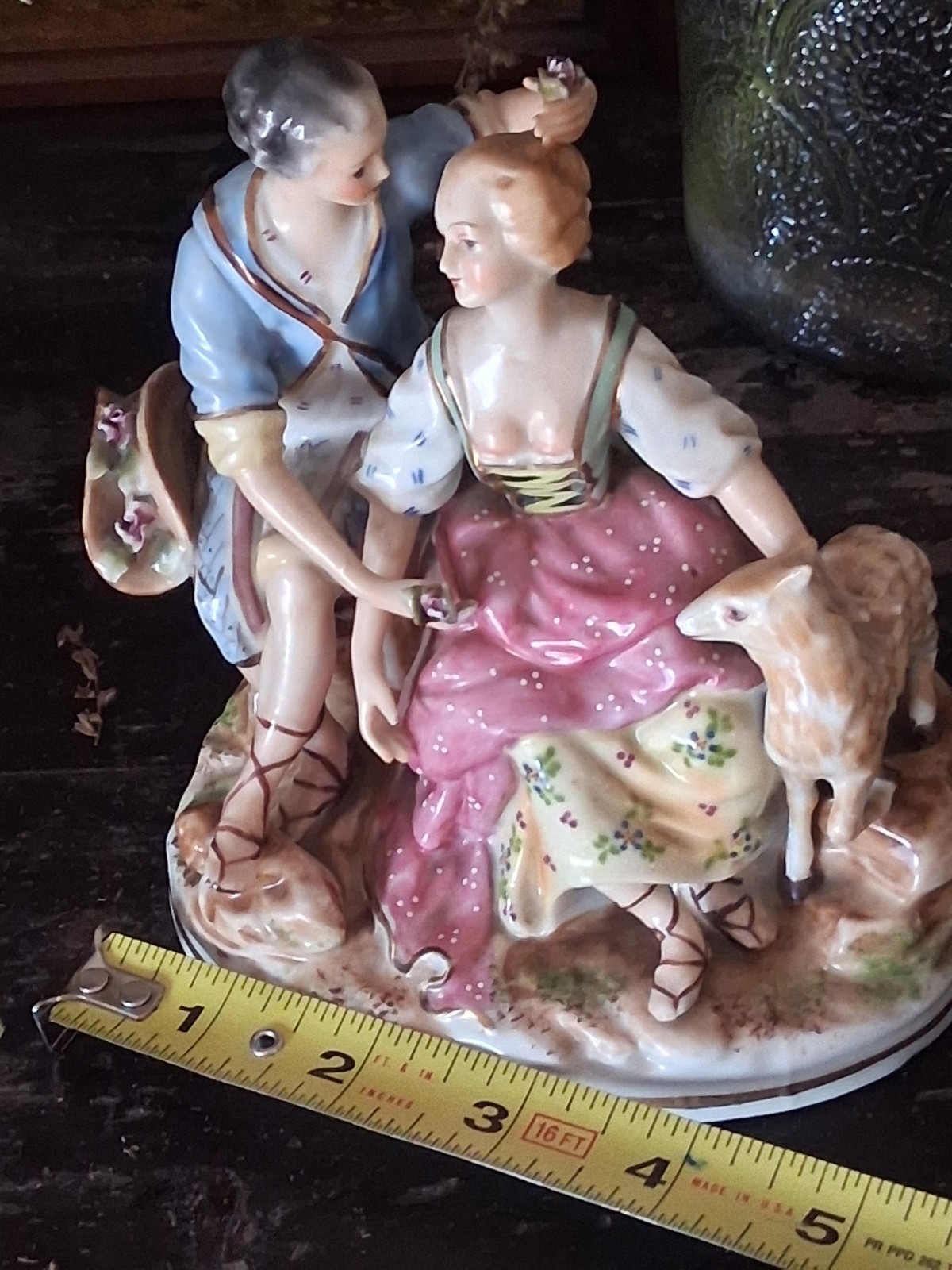 Dresden Style Hand Painted Porcelain Couple w Lamb Floral Figurine Figural Group