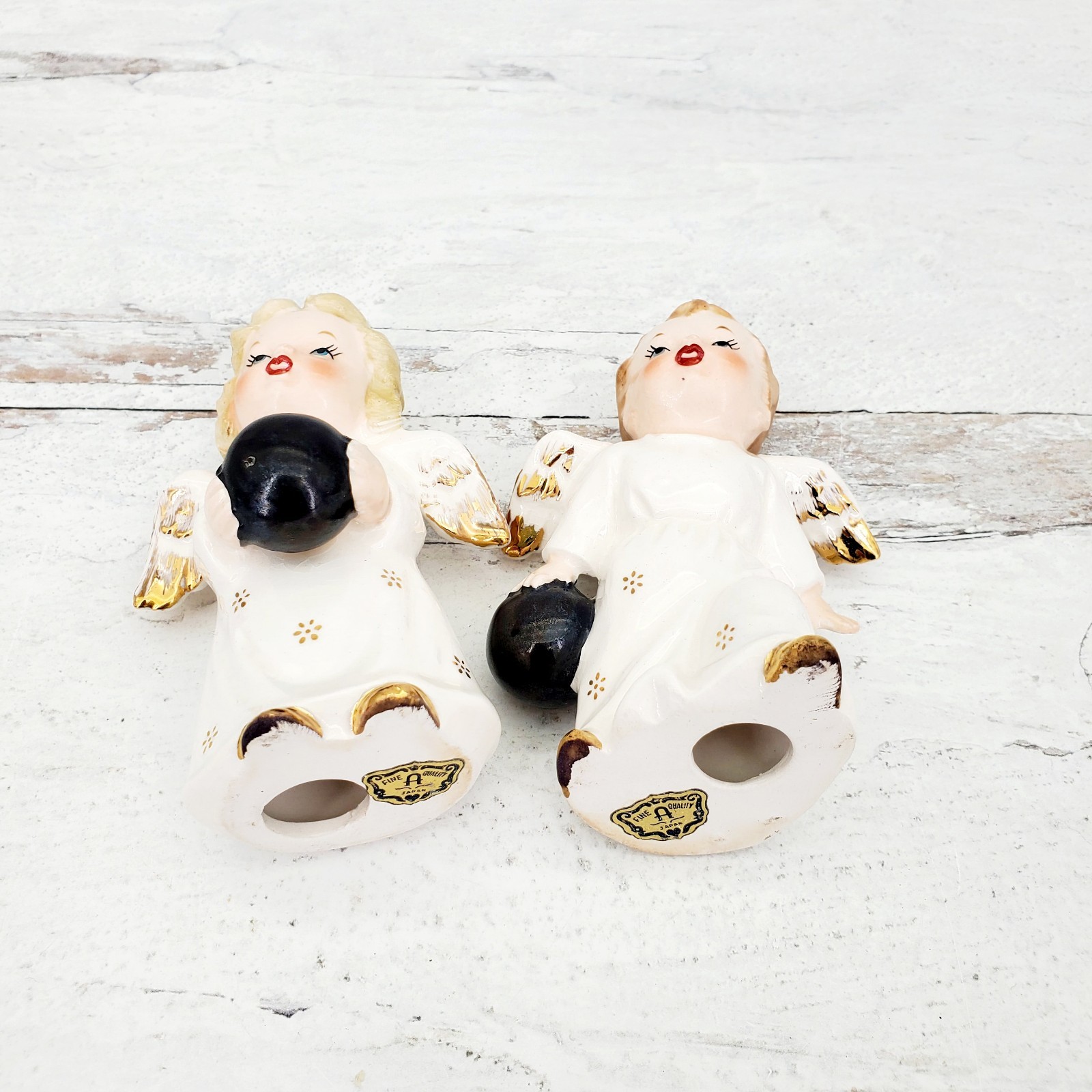 Vintage Japan Ceramic Bowling Angel Pair Ceramic Figurines | Gold Accents
