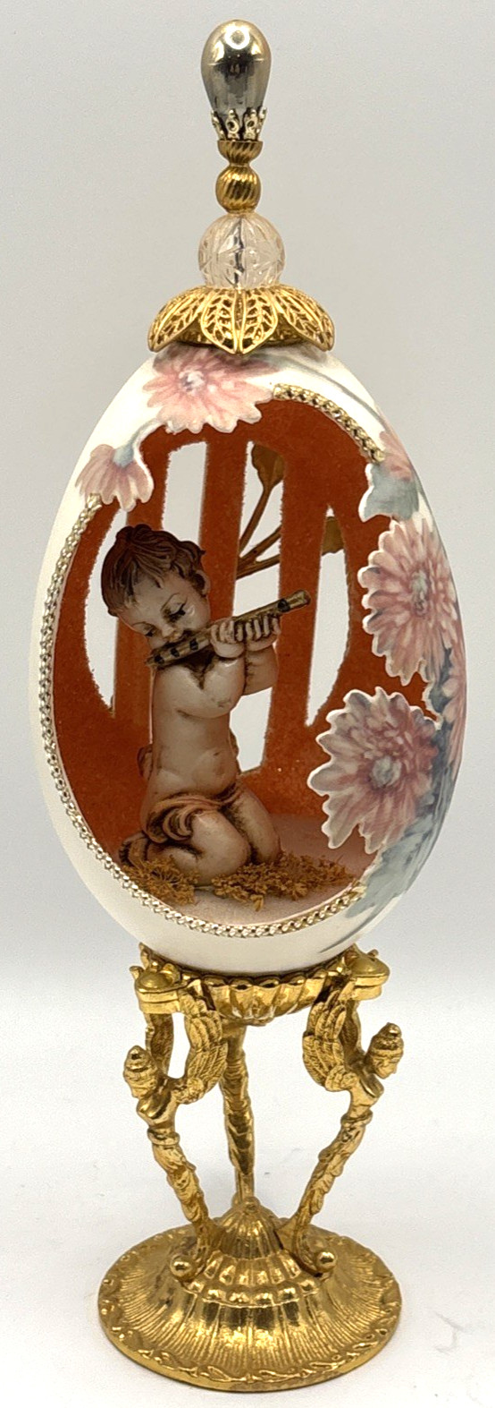Faberge Egg Style Diorama Cherub Flute Gold Tone Stand Hand Painted Signed 1978