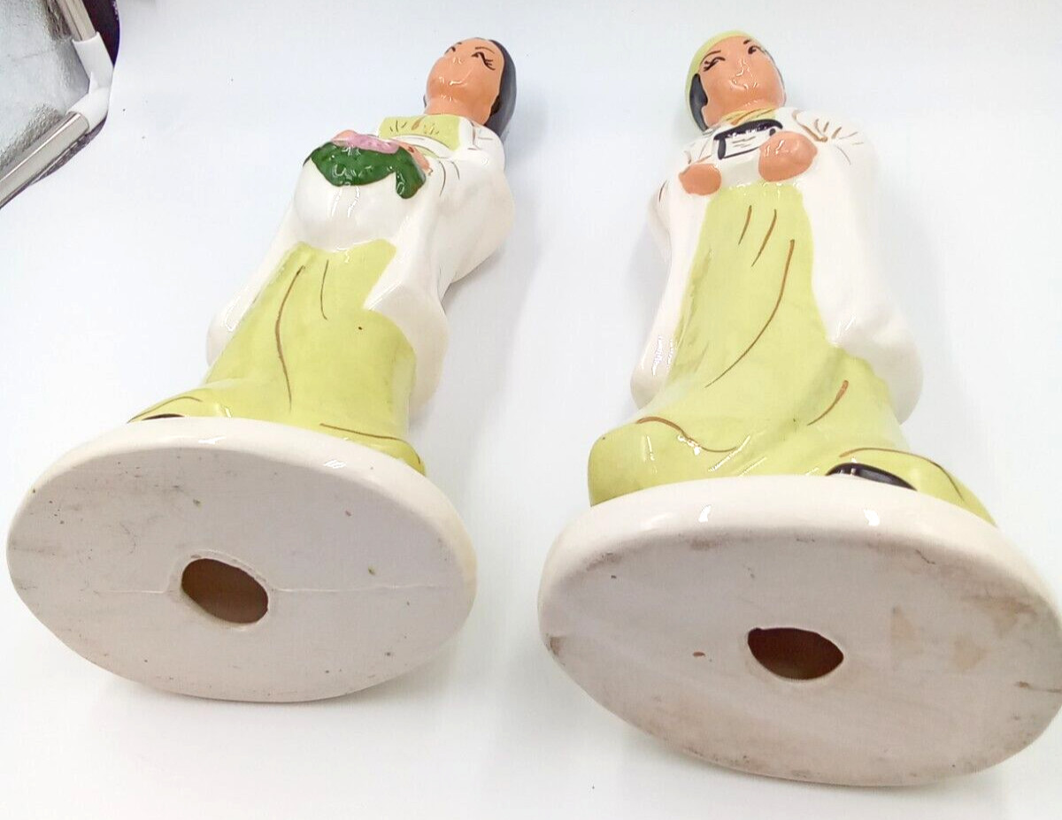 Asian Couple Figurines Statutes Woman Man Porcelain Green White Gold Pink Floral