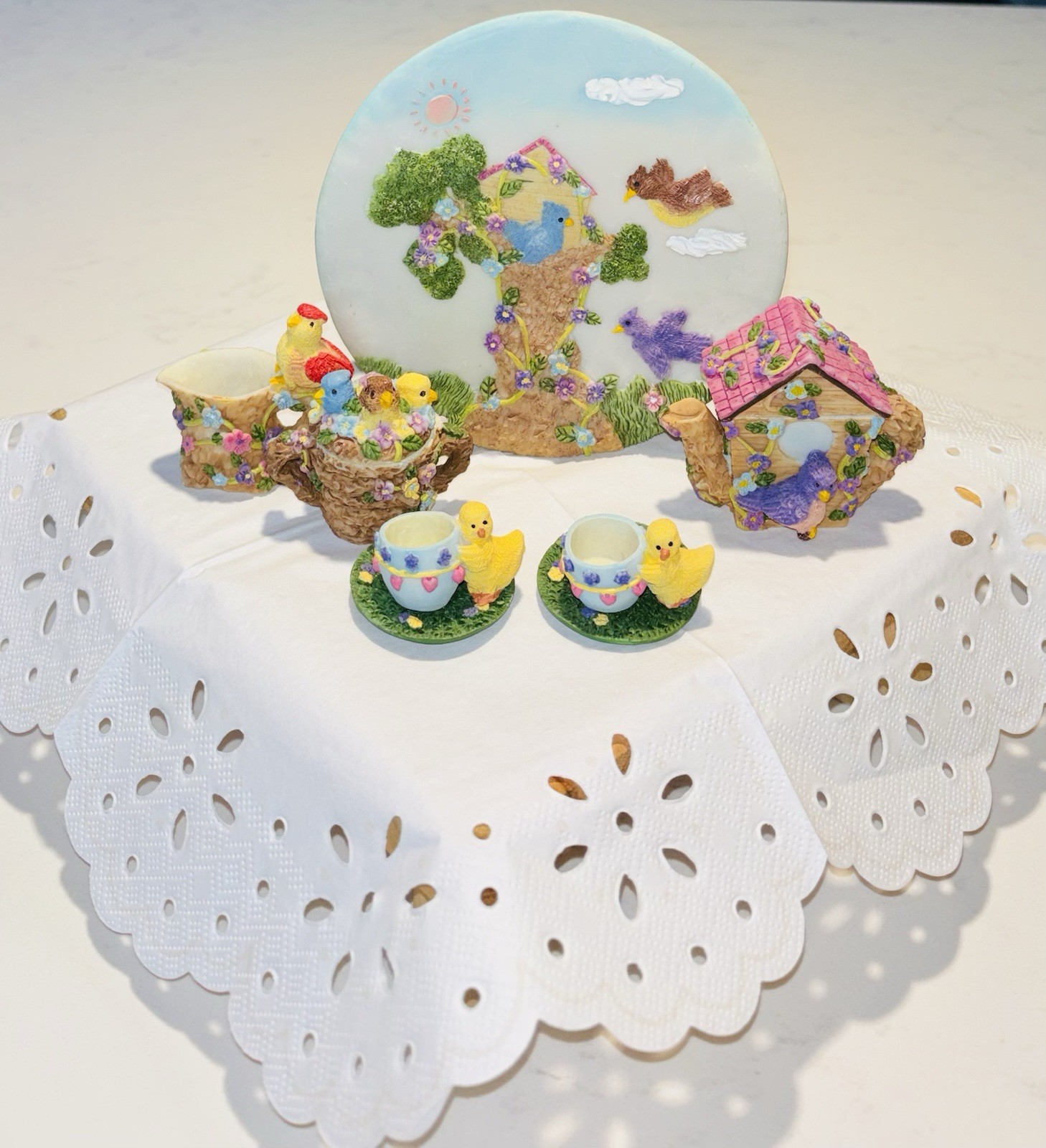 10 Pc Mini Resin Tea Set With Bird House Chicks, Nest, Teapot Adorable Details