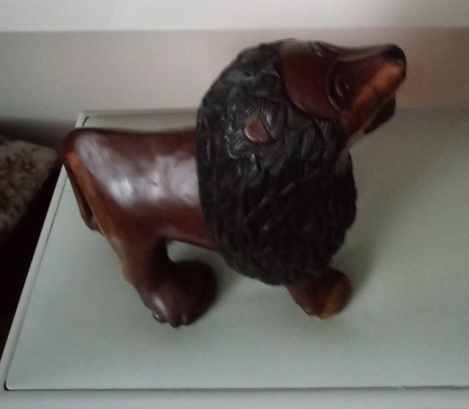 Vintage Heavy Hand-Carved Wooden Lion Statue Sculpture